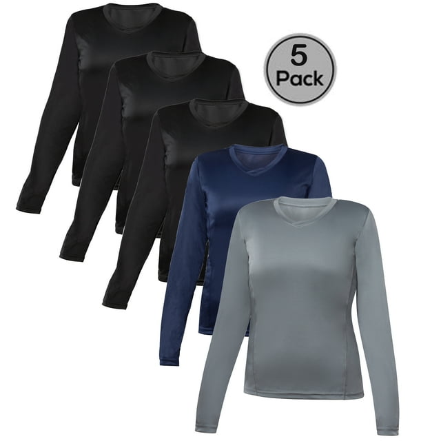 Blank Activewear Lot de 5 T-Shirts à Manches Longues pour Femmes, Tissu de Performance à Séchage Rapide