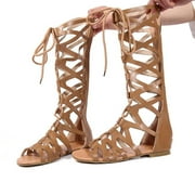 Jsaierl Women Gladiator Sandals Flat Strappy Lace Up Open Toe Knee High Flat Sandal Zipper Summer Roman Shoes