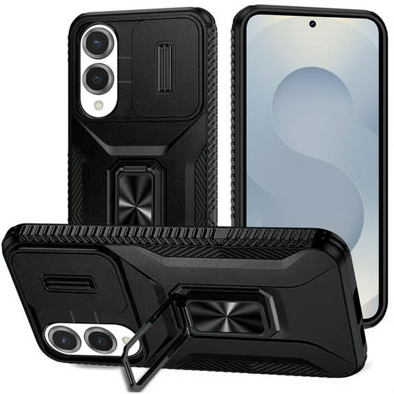TJS for Samsung Galaxy S25 Edge Phone Case, Impact Resistant Slide Camera Cover Shockproof TPU PC Lens Protection Metal Ring Magnetic Support Kickstand Cover for Galaxy S25 Edge (Black)