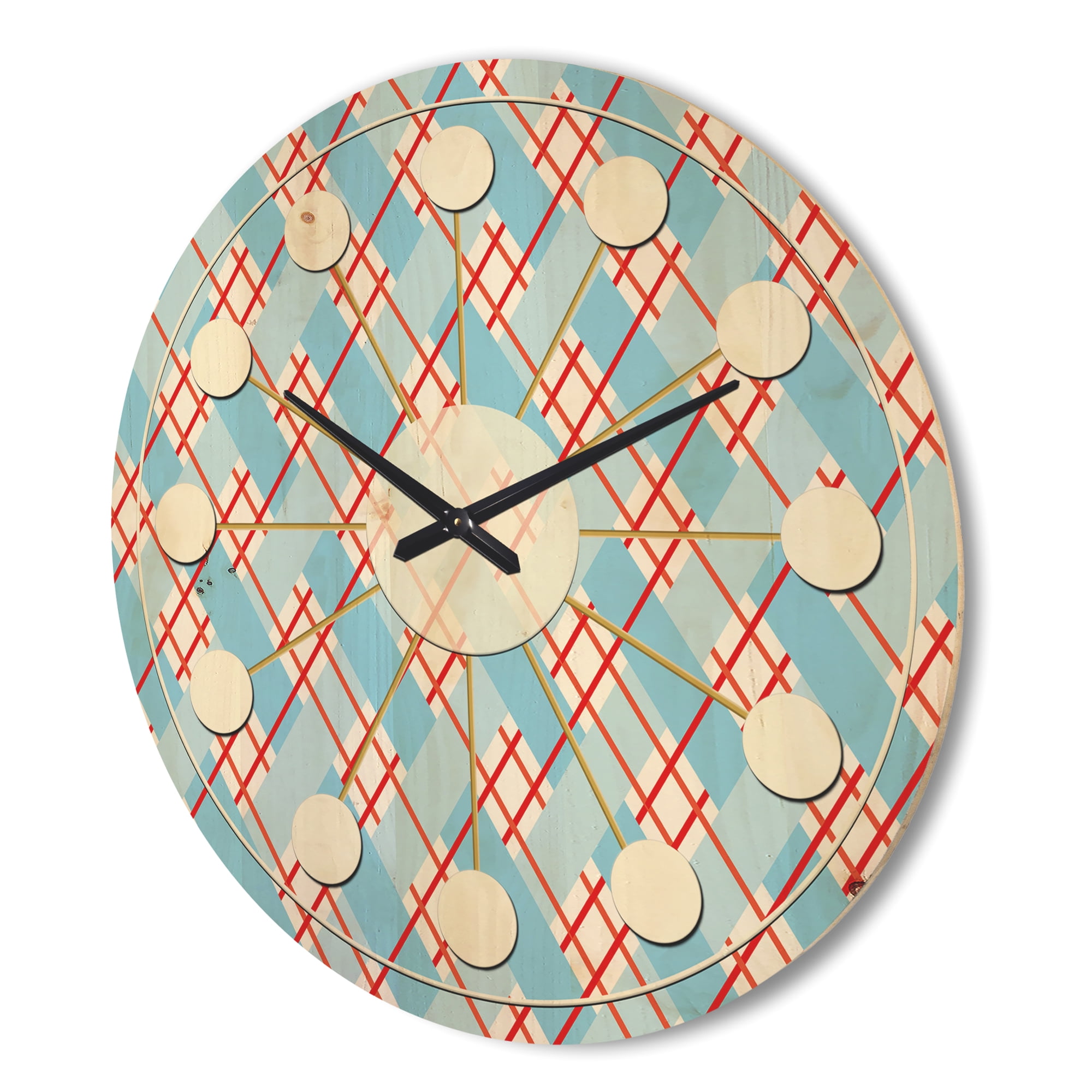Designart 'Red and Blue Plaid' Mid-Century Modern Wood Wall Clock
