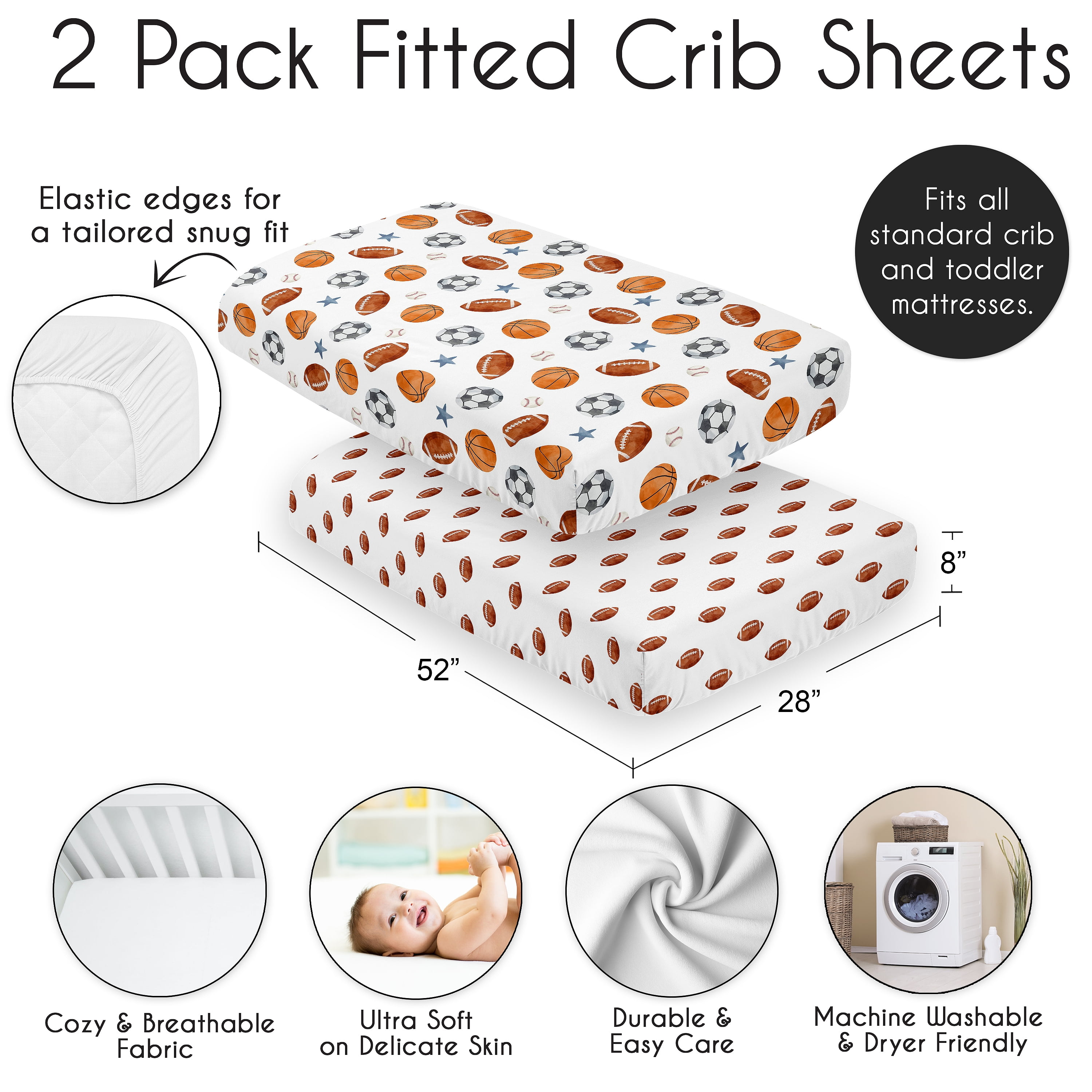 Sweet Jojo Designs Watercolor Sports Theme Boy Fitted Crib Sheets Set 2 Piece
