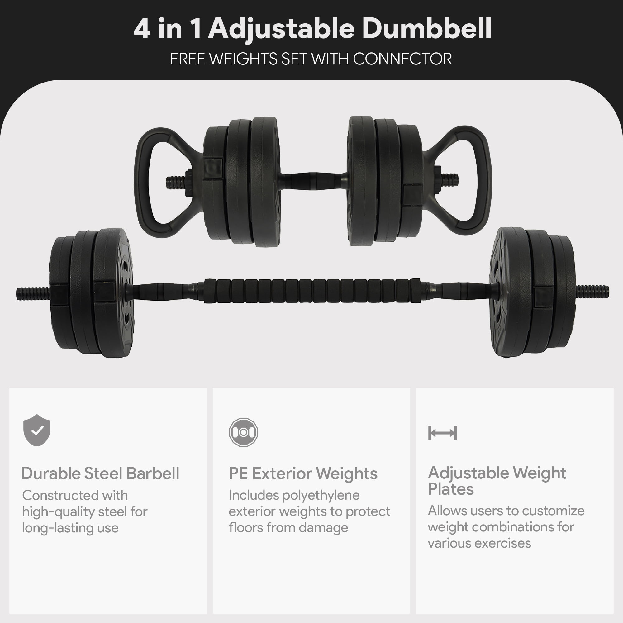 Fitvids 4 in 1 Adjustable Dumbbell Set, 60lbs Free Weights Set with Connector, Black