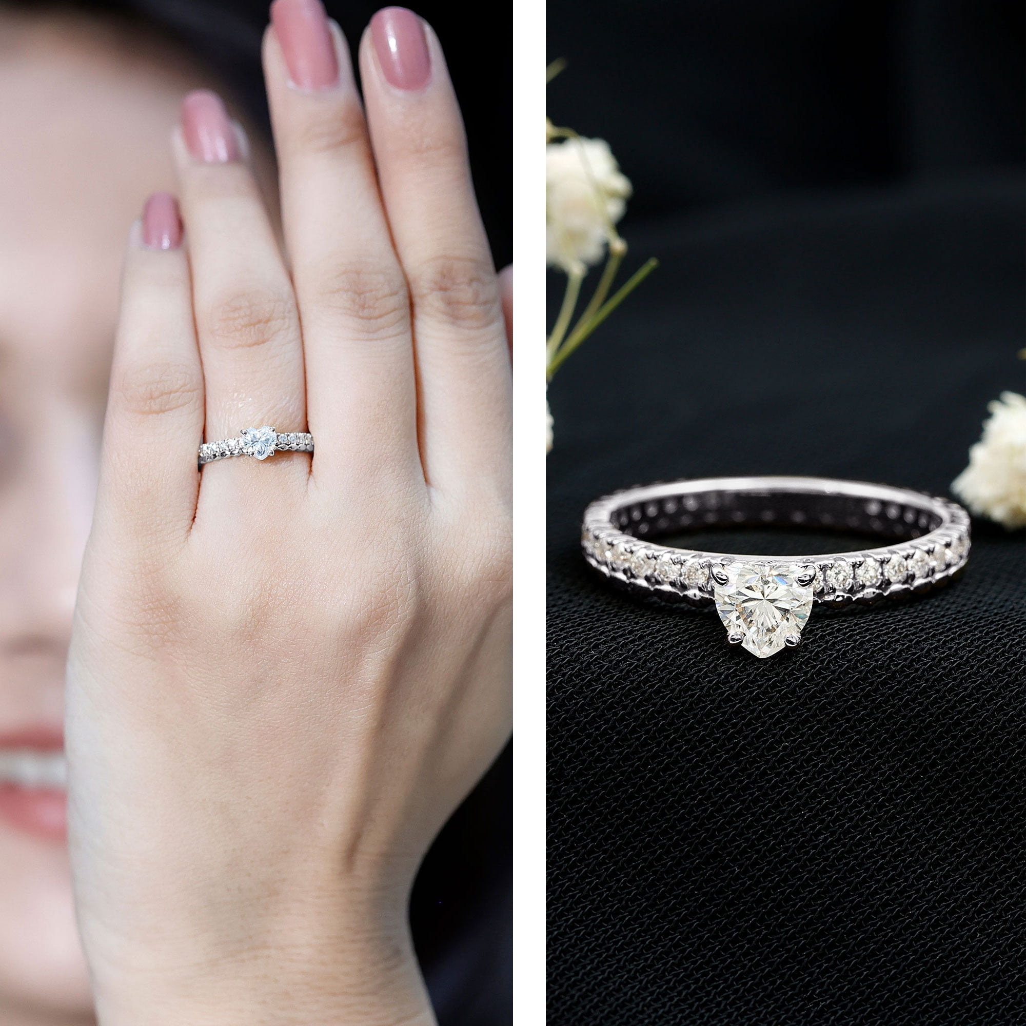 Rosec Jewels Certified Moissanite Heart Engagement Ring for Women - Designer Ring - 5 mm - D-VS1 Quality, 10K White Gold, US 8.00