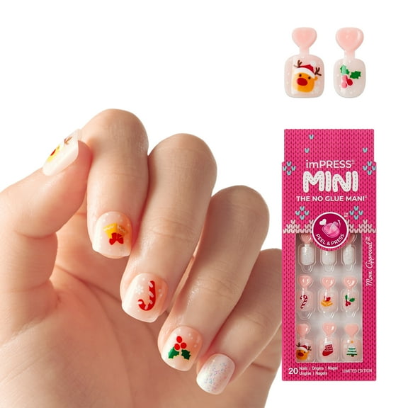 KISS imPRESS MINI Holiday Press On Nails, ‘Twinkling Lights’, Pink, Kids Squoval, 20 Count