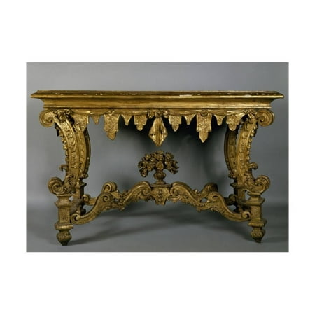 Carved Folk Art Baroque Style Carved and Gilt Console Table with Imitation Marble Spruce Top, Italy Print Wall Art ()