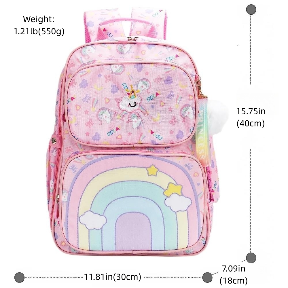 Mochila escolar para niñas, bonita con arcoíris, de gran capacidad y múltiples bolsillos, rosa 7