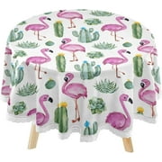 SKYSONIC Cactus Flamingos Summer Round Tablecloth 60inch Indoor Wrinkle Free, Tropical Pink Spring Circular Lace Table Cover Washable for Kitchen Party BBQ Dining Decor