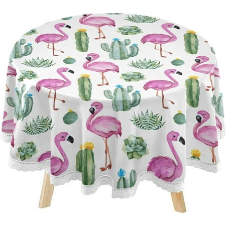 SKYSONIC Cactus Flamingos Summer Round Tablecloth 60inch Indoor Wrinkle Free, Tropical Pink Spring Circular Lace Table Cover Washable for Kitchen Party BBQ Dining Decor