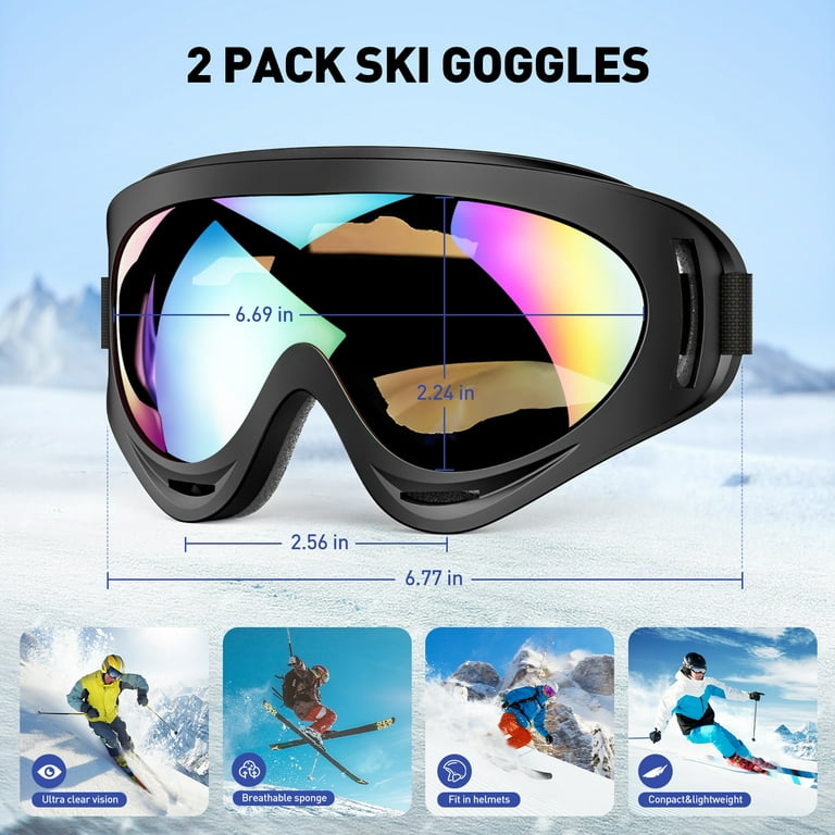 2-Pack Ski Goggles, Snow Snowboard Goggles for Men, Women, Youth, Kids,  Boys or Girls, Lightweight & Wide Vision, Winter Snow Sports Goggles W/ UV  Protection&Anti-Scratch Dustproof, Helmet Compatible 