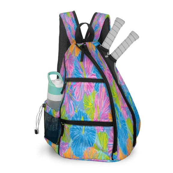Pickleball Bag with Padded Back, Tropical Floral Multicolor Multi-Compartment Paddle Backpack, Lightweight Nylon Sports Bag for Men & Women