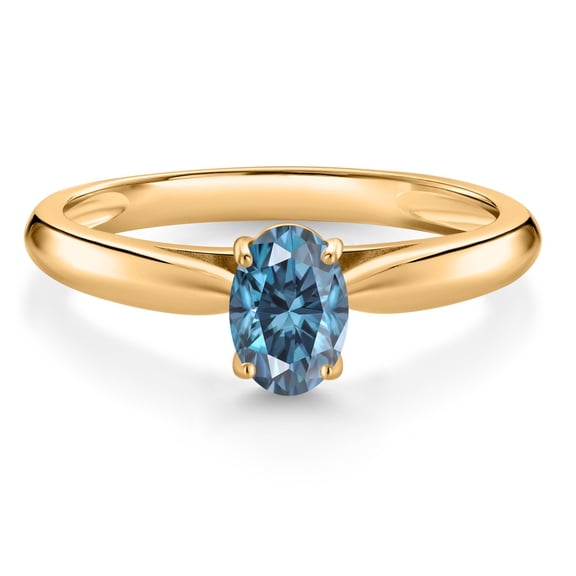 Gem Stone King 10K Yellow Gold Solitaire Engagement Ring Persian Blue Oval Moissanite (0.45 Cttw)