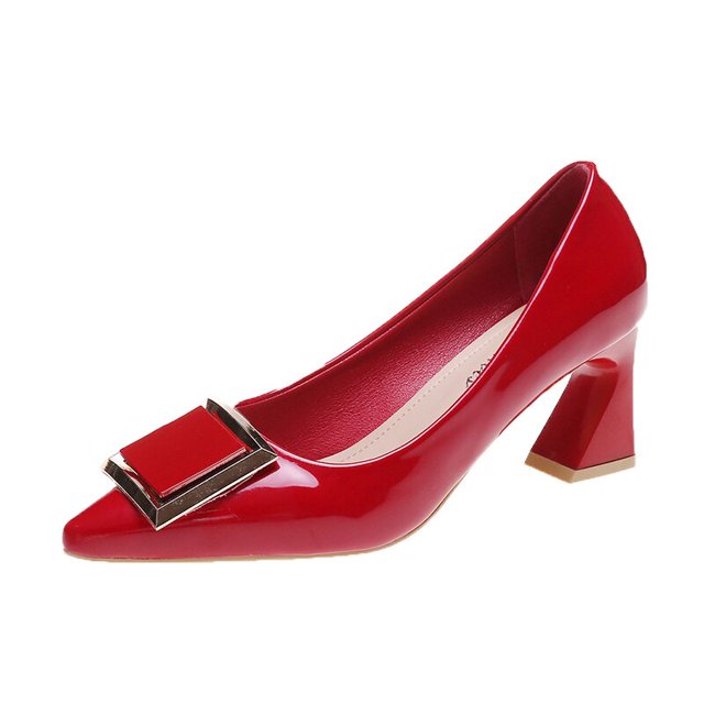 Tacón cuadrado, tacones puntiagudos, zapatos de mujer de cuero de tacón medio, tacones altos, boca en V, zapatos informales de oficina para mujer, tacón de 5 cm34 Gao Jinjia LED