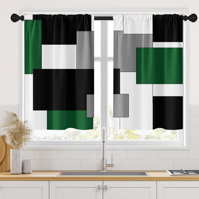 Green Kitchen Curtains 36 Inch Length Dark Grey White Window Short Tier Curtains Over Sink Set of 2, Modern Abstract Geometric Art Small Kitchen Decor 26x36 Inch