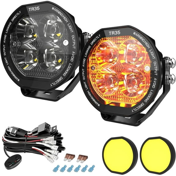 BLUEMOTOR 3.5 Round LED Driving Lights with RGB Ambient, 6400LM IP68 Waterproof Shockproof Work, Pod, Spot & Flood Lights for Trucks, SUV, Boats Farm, UTV & Off-Road Vehicles, Includes Wiring Harness