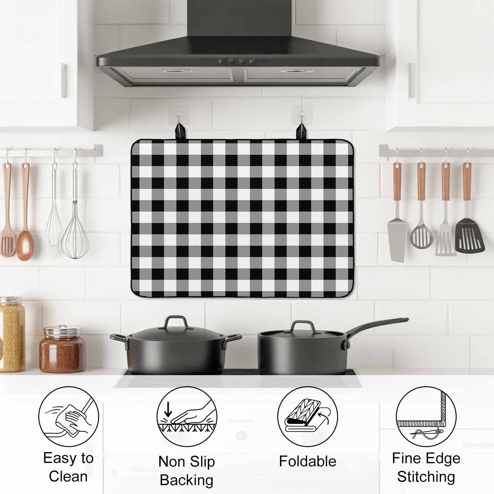 Black and White Plaid Stove Top Cover for Electric Stove, Heat-proof & Non Slip Glass Top Stove Cover Protector, Farmhouse Checkered Buffalo Kitchen Flat Cooktop Rubber Mat 24x21 Inches
