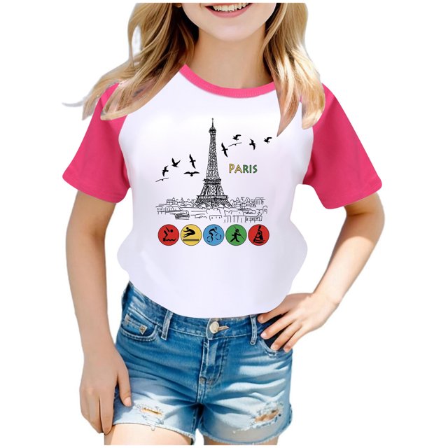 Chemises Filles Mode Enfants Garçons Filles Jeux Imprimé Raglan Manches Courtes Hauts Filles Rose Vif 6 Ans-7 Ans