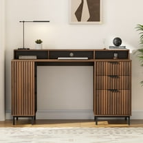 EYYTHUNG Fluted Executive Desk, 55" Modern Wood Office Desk with Monitor Stand & Charging Station, Home Writing Study Computer Table for Work Study, Brown