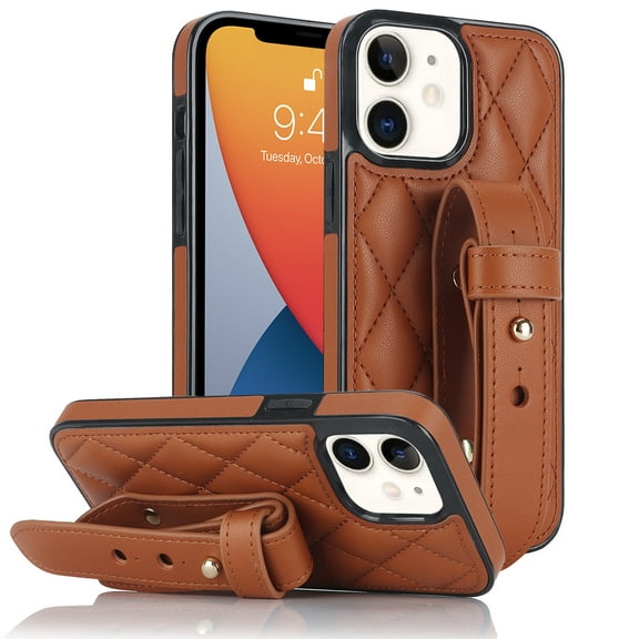ELEHOLD Luxury Leather Case for iPhone 12 Mini Premium Leather Case with Adjustable Non-Slip Wristband Full Body Case Shockproof protective Cover for Women Girls,brown