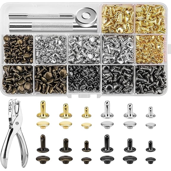 480 Sets Rivets for Leather, 4 Colors 3 Sizes Double Cap Rivets with 4 Setting Tools for Leather Craft, Bags, Belts, Shoes, Jackets Decoration DIY