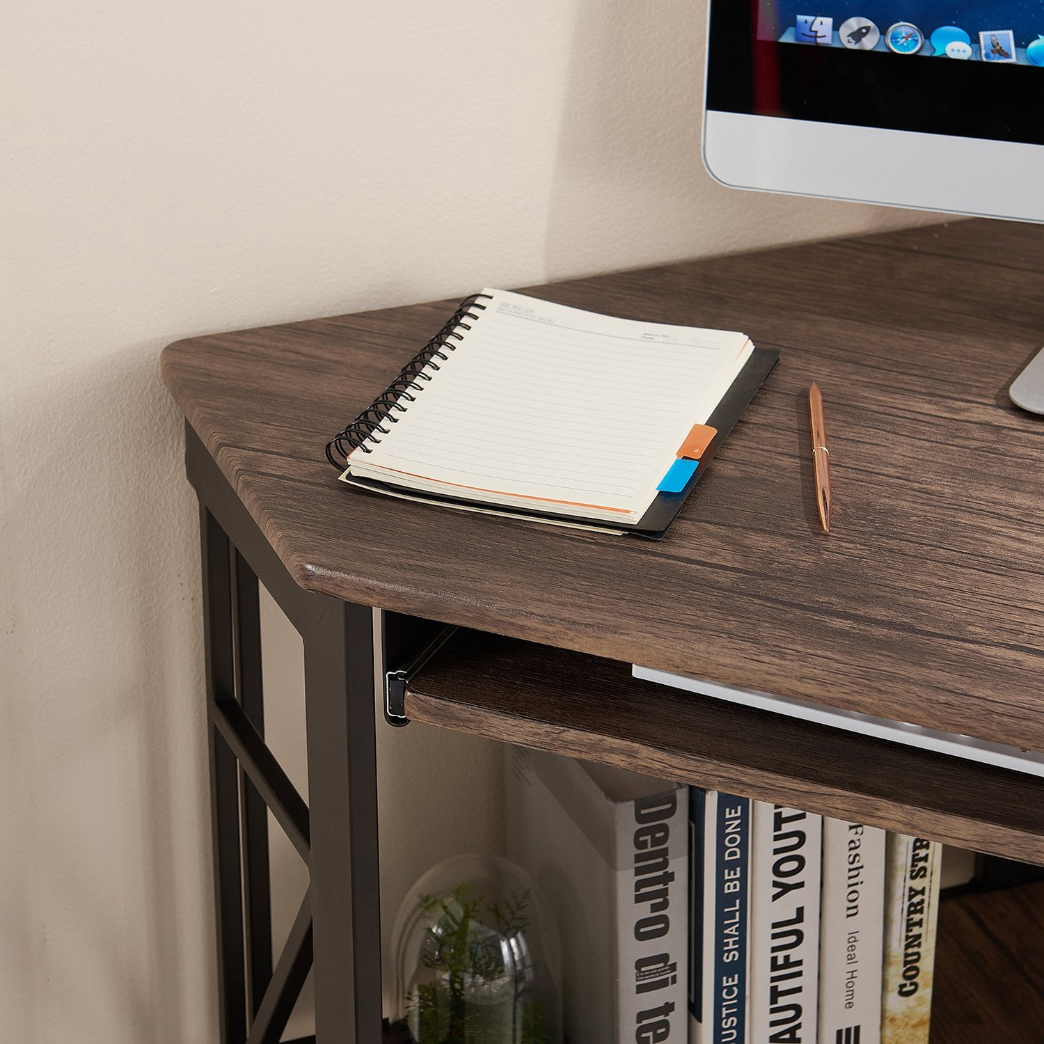 VECELO Desk with Keyboard Corner Computer Writing Shelves, Compact Home Office, Dark Brown