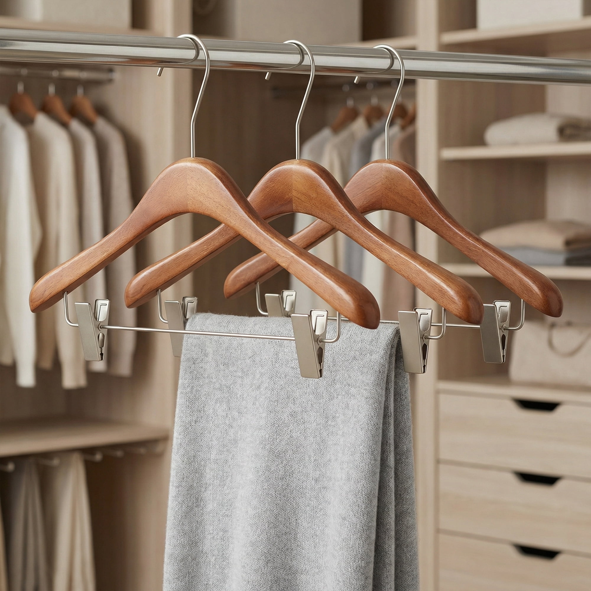 Unique Bargains 2Pcs Wood Space Saving Storage Pants Shirts Hanger Clip