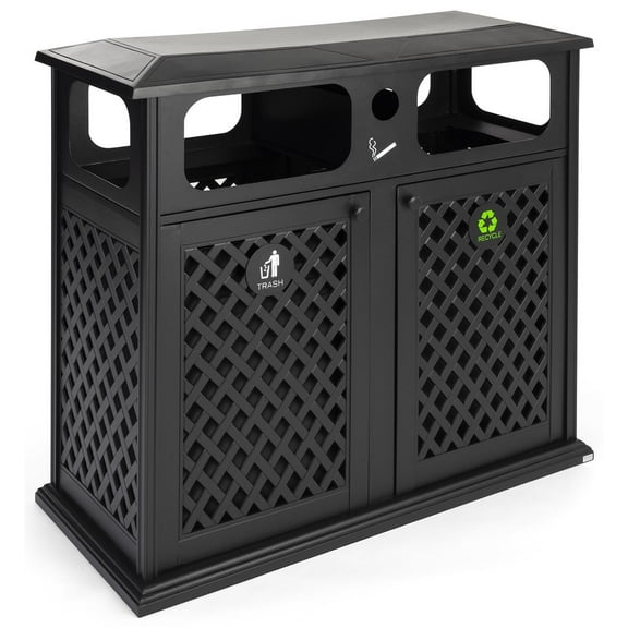 Displays2go Decorative Outdoor Dual Waste Receptacle, 17 Gallon, Cast Aluminum - Black (FGALTRASH4)