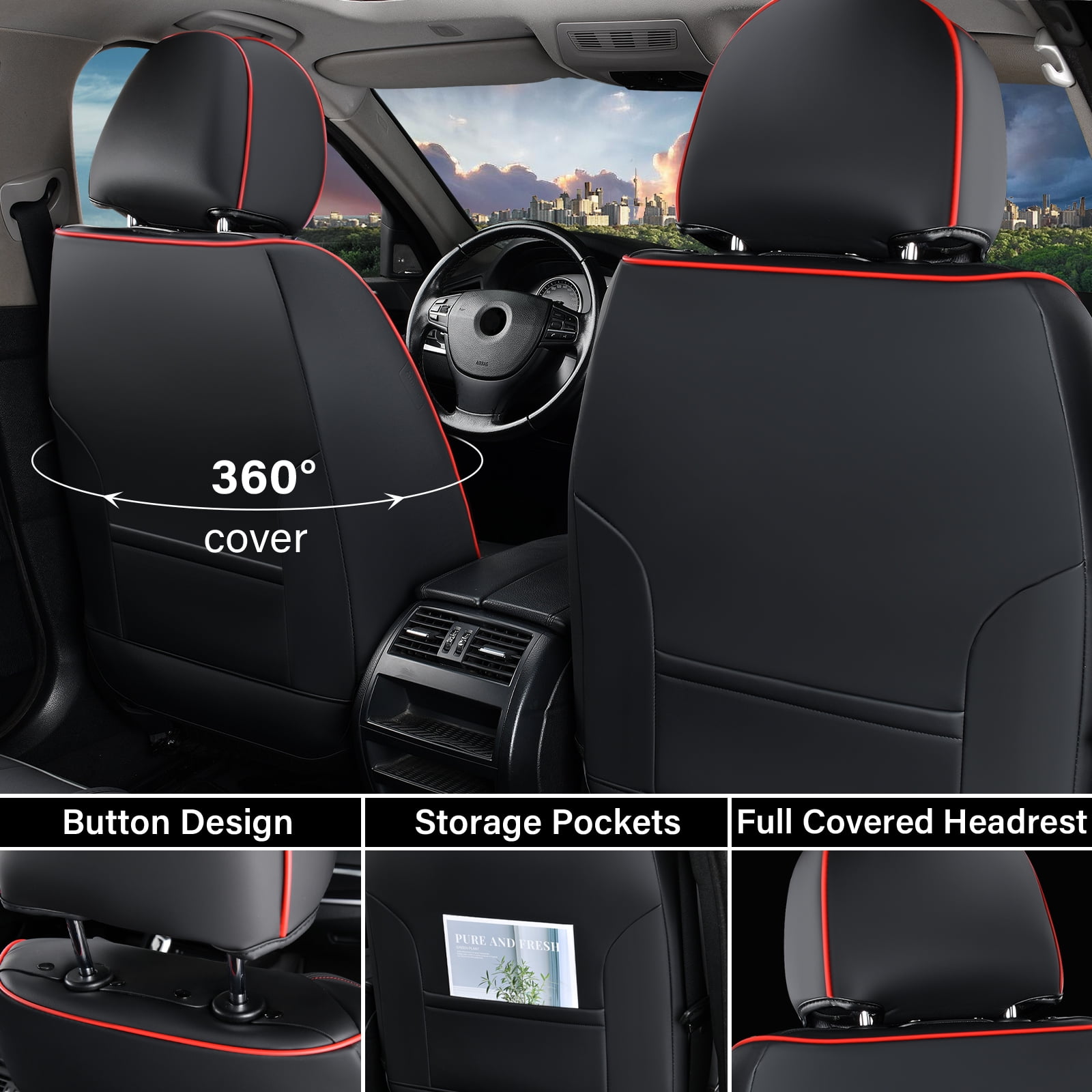 Coverado Front Car Seat Covers, Airbag Compatible Faux Leather Seat Protectors, Waterproof Cushions Universal Fit for Most Sedans SUV Pick-up, Black&Red