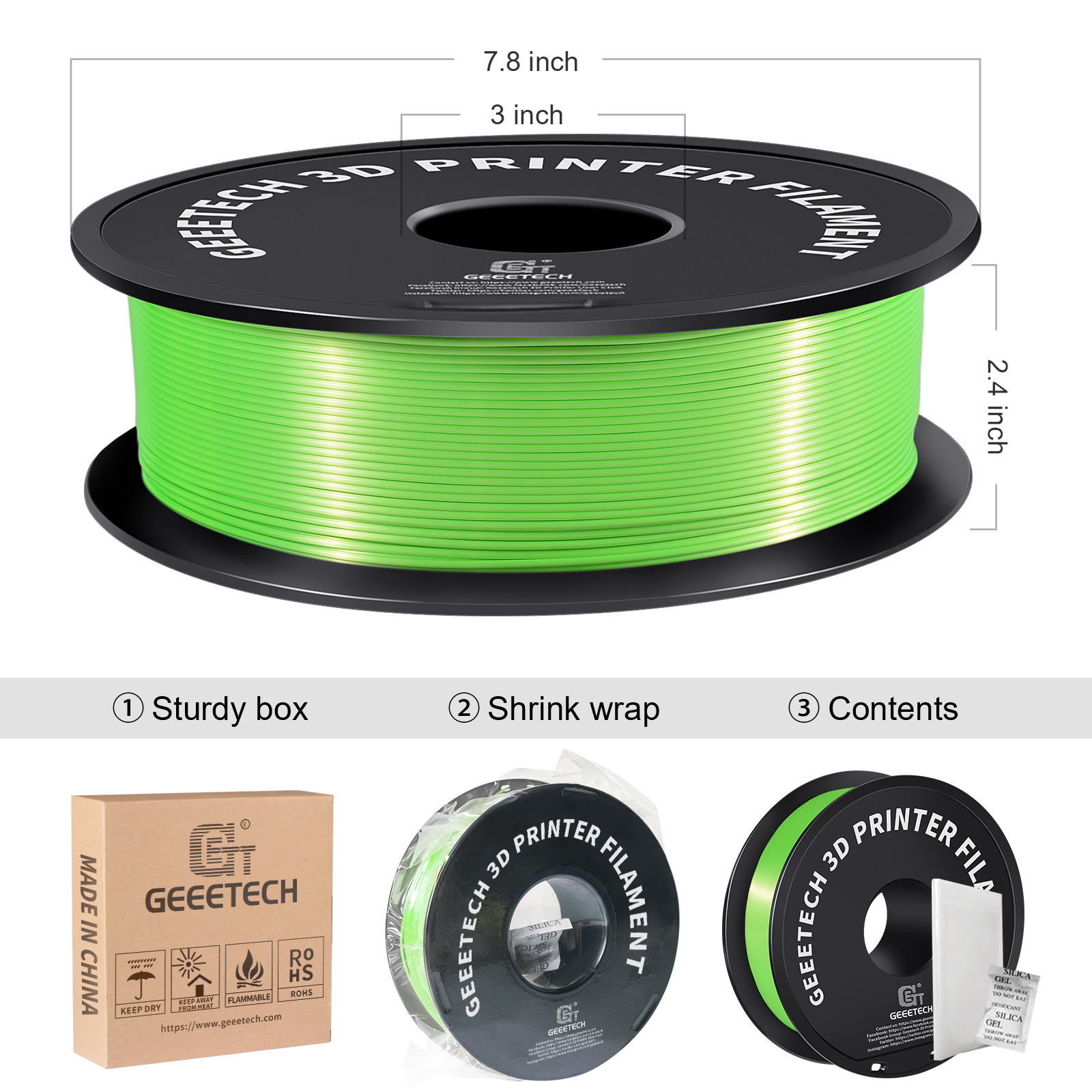 Geeetech 5pcs Silk Green 3D Printer PLA Filament 5KG（11ibs） Toughness Enhanced Filament with 1.75mm Dimensional Accuracy +/-0.03mm, 1080 Feet per Roll, Vacuum Packaging