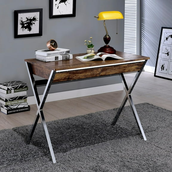 Gzxs 36 Inch Small Computer Desk with 2 Drawers, Wooden Writing Workstation with "X" Shaped Metal Legs, Easy Assembly, Weathered Oak & Chrome