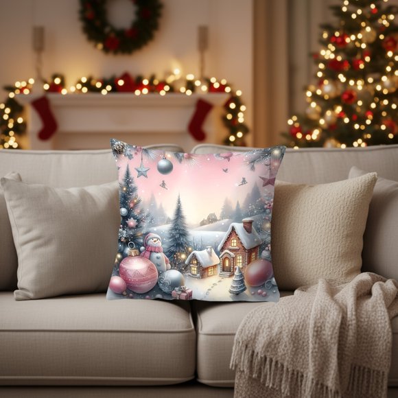 Seyotauo Pink Christmas Farmhouse Pillow Covers for Couch Sofa Bed,Cute Xmas Gnome Romantic Christmas Trees Pillow Cases Cushion Covers 18x18 Inch ,Winter Cute Snowman Square Cushion Cases