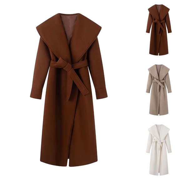 Levmjia Women's Trench Coat Long Sleeve Lapel Collar Wrap Style Maxi Coat with Adjustable Waist Belt Elegant Casual Long Overcoat for Work Travel