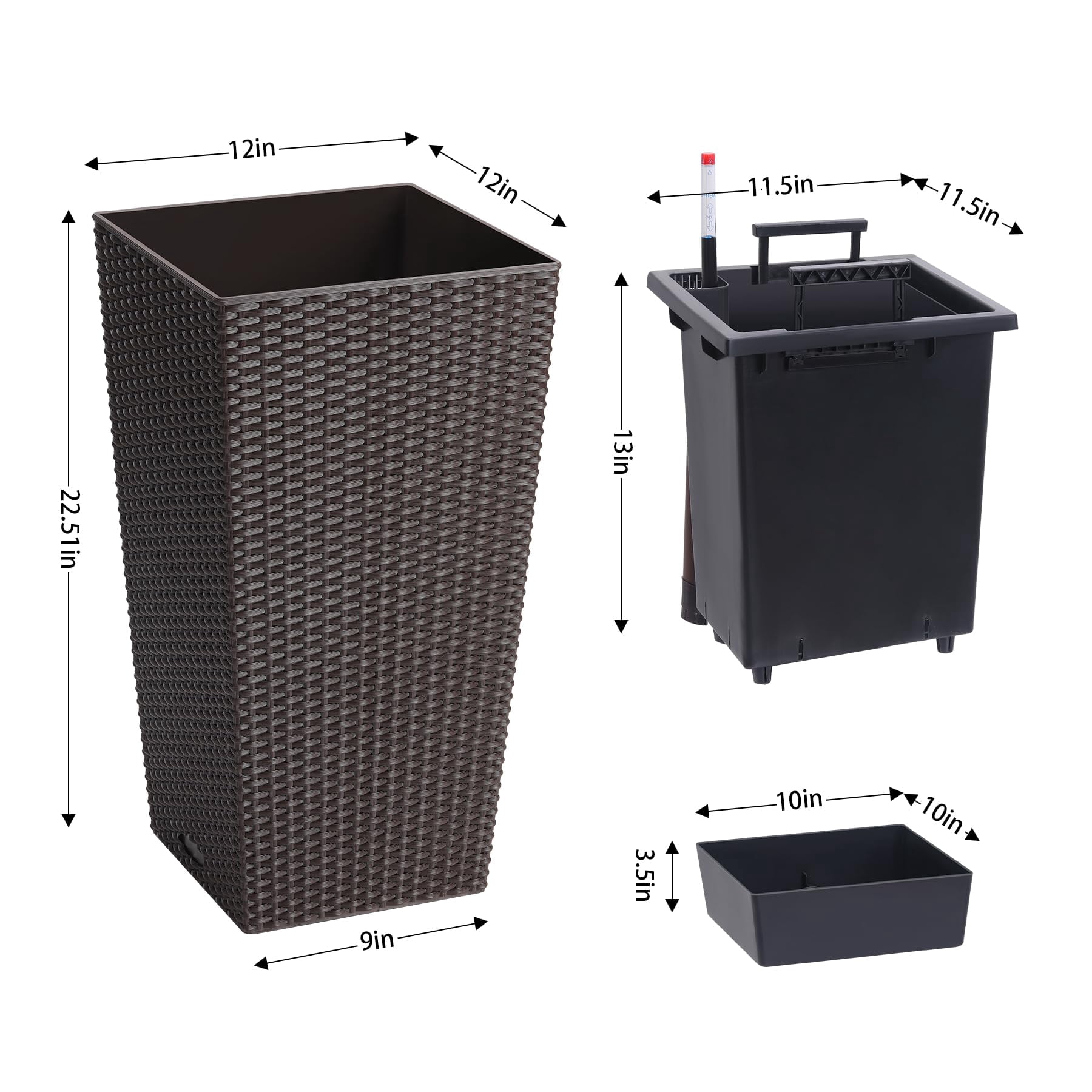 M optimized 23" Tall Planters Set of 2, Outdoor＆Indoor Rattan Planter Pots, High Front Porch Planter Pots with Drainage Holes＆Water Level Monitor＆Inner Bucket, Automatic Watering