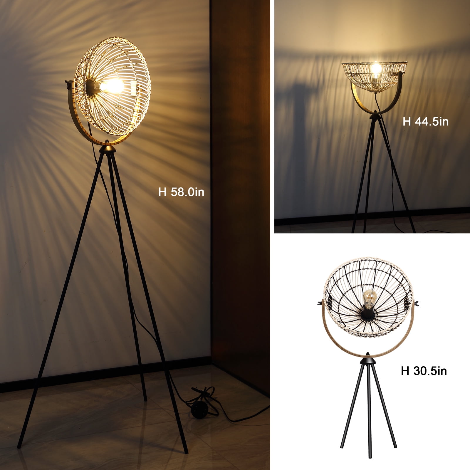 Osasy 65.8 in Rustic Boho Adjustable Height Metal Tripod Floor Lamp with Beige Bowl Shade