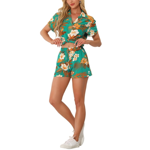 INSPIRE CHIC Ensemble Chemise Hawaïenne et Short pour Femmes Tropical Été à Boutons
