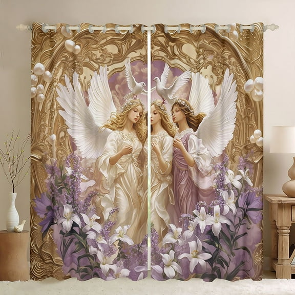 Homewish White Lily Black Out Curtains,Chic Angel Girls Curtains Pack of 2 (42x63 Each),Gold Purple Bedroom Curtains For Adults,Super Cozy Room Decor