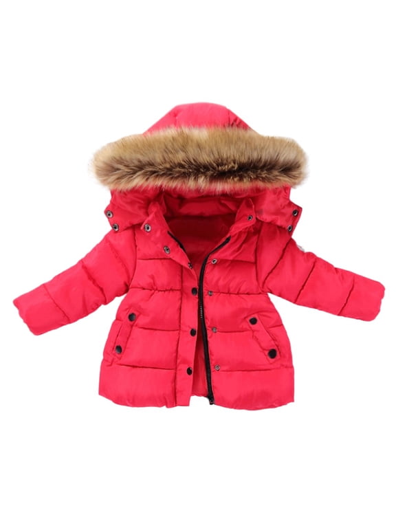 Infant Winter Puffer Coat Hooded Faux Fur Trim Zip Up Warm Long Sleeve Baby Girls Outerwear 18-24 Months