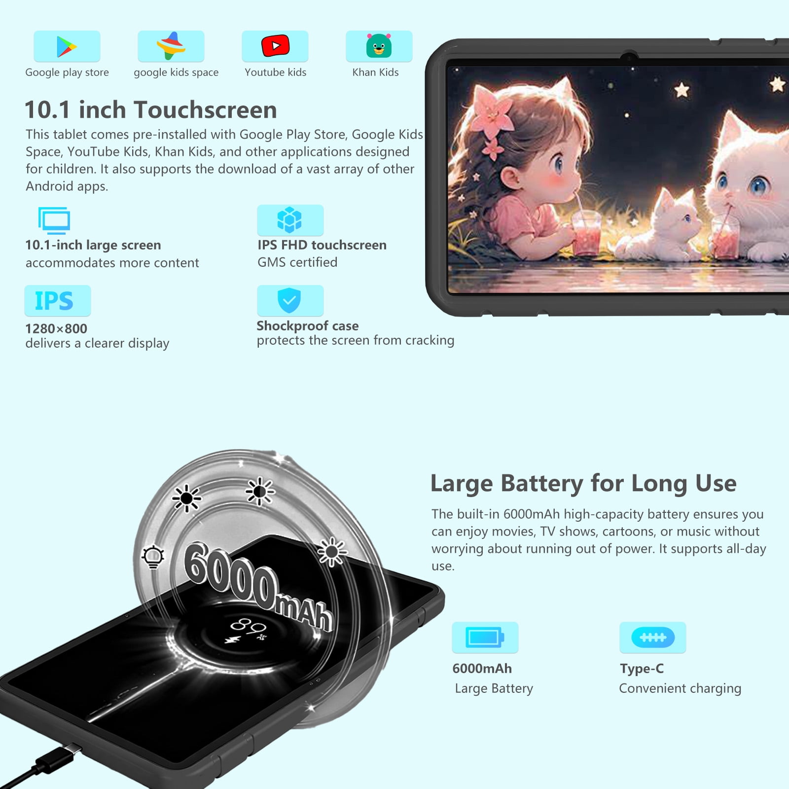 Kids Tablet 10.1 inch Android 15 Octa-Core Tablets with Drop-proof Case, 20GB ROM 128GB, 1TB TF Card Expandable, Parental Control, WiFi 6 and Bluetooth, Black