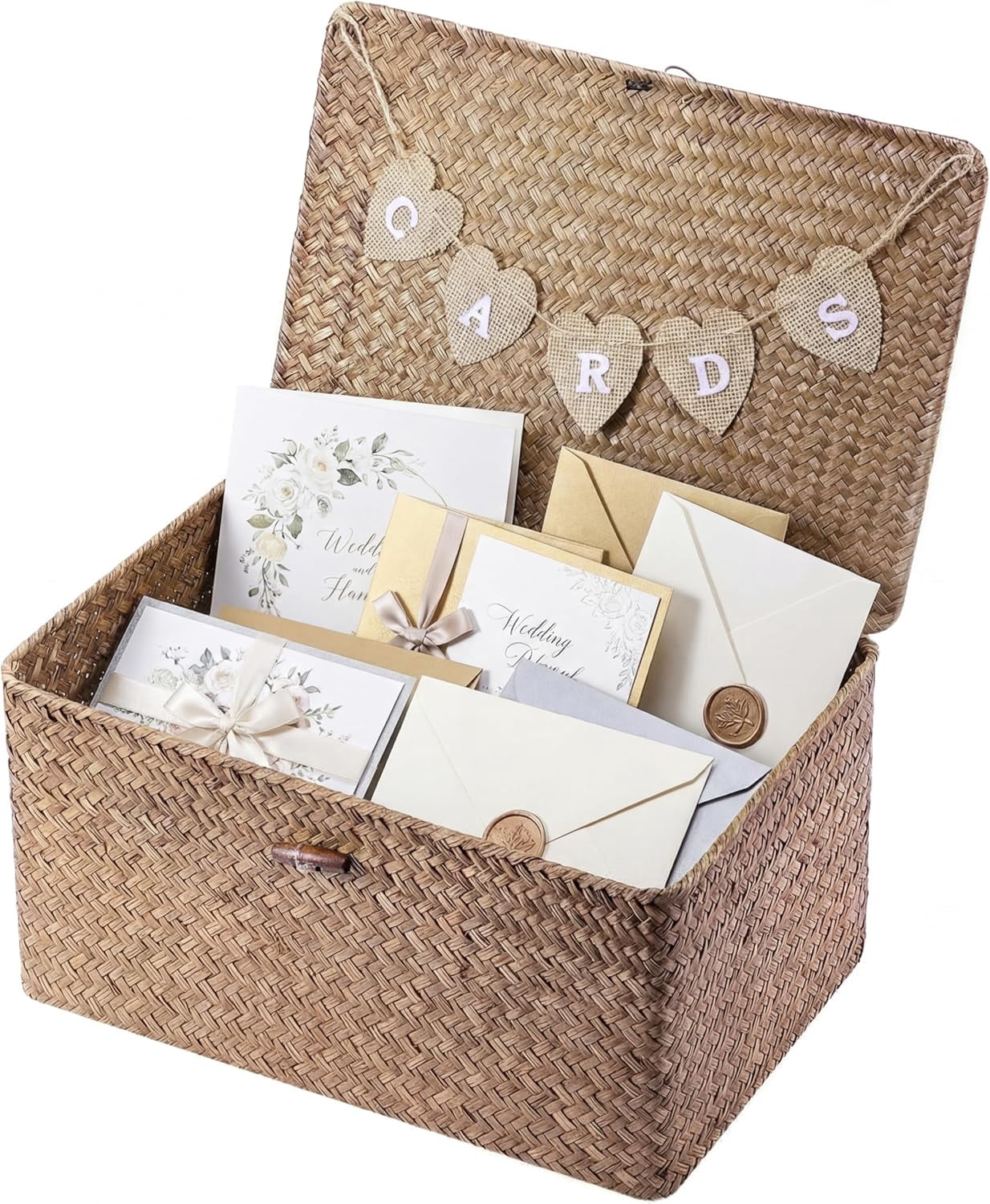 Geelin Sea Grass Wedding Card Basket With Letter Flag Decorative Wedding Card Woven Post Box Suitable For Baby Showers Birthdays Graduation Ceremonies Bridal Showers(Natural Color,14 Inch)
