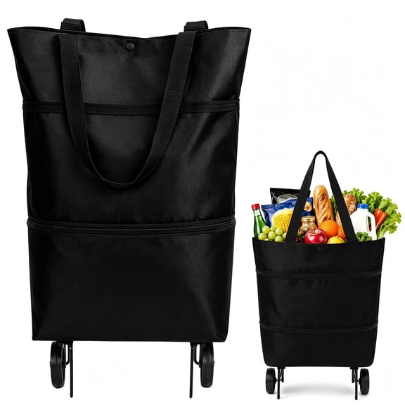2-in-1 Foldable Shopping Cart, Rolling Trolley & Spacious Foldable Storage Design for Grocery Shopping Travel Camping Daily Errands