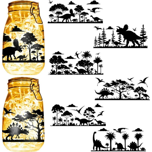 6 Pcs Silhouettes Cutout Mason Jar Decor Jar Decor Cut Out Scrapbooking Ornament Display Waterproof Decoration for Glass Lantern Light Party Garden Farm Yard Dinosaur Camping 3.5x7.9 Inch