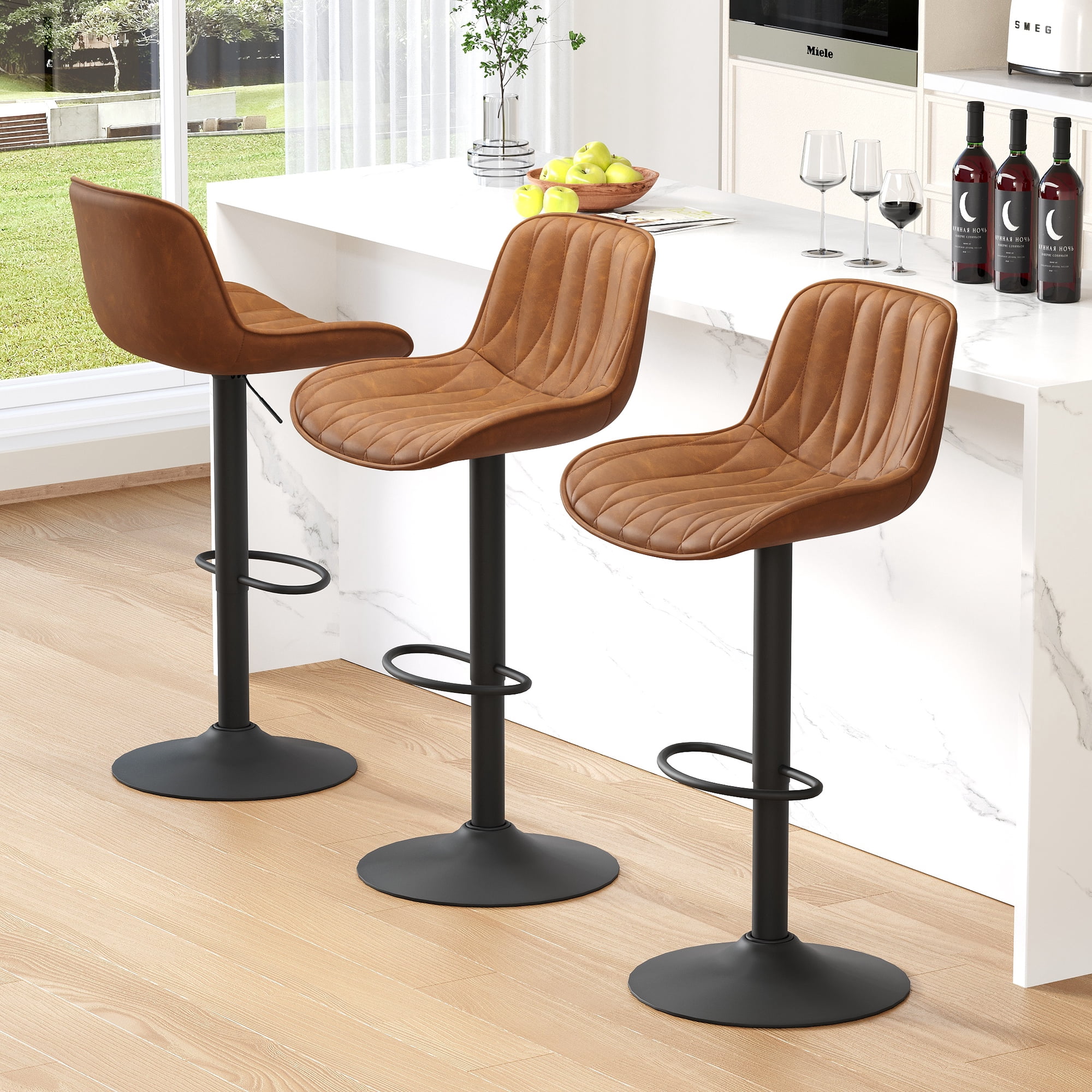 FIRAVOE Bar Stools with Back Set of 3, Adjustable Swivel Tall Barstools Counter Stools, Brown
