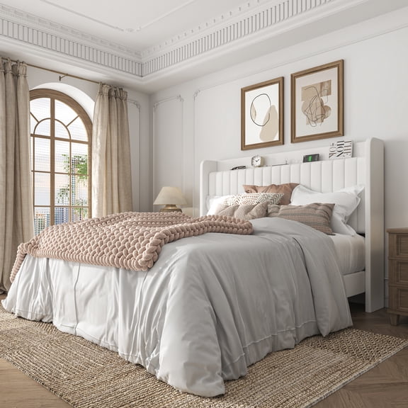 Frostbloom Queen Size Bed Frame with Advanced Charging Hubs & Storage Shelf, Upholstered Velvet Wingback Headboard, White