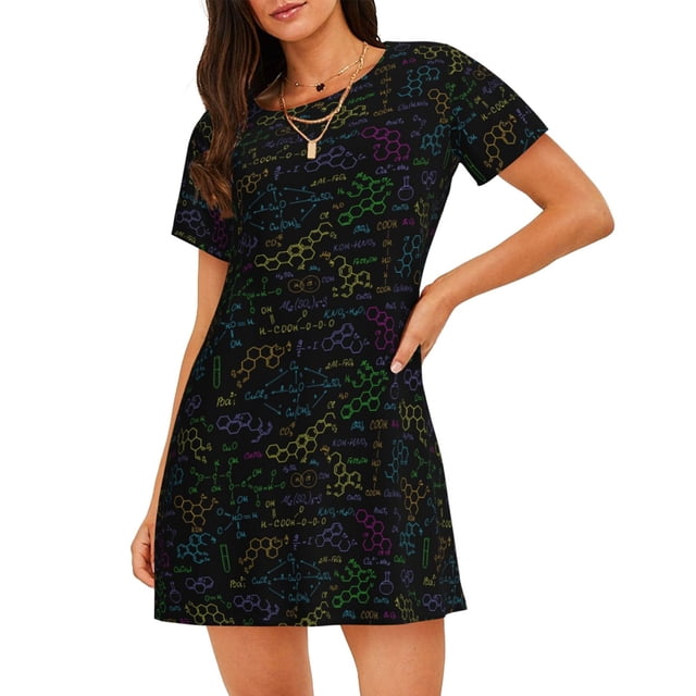 Fotbe Chemistry Formulas Bata de Dormir para Mujer con Estampado, Camisón de Algodón de Manga Corta, Ropa de Dormir Casual