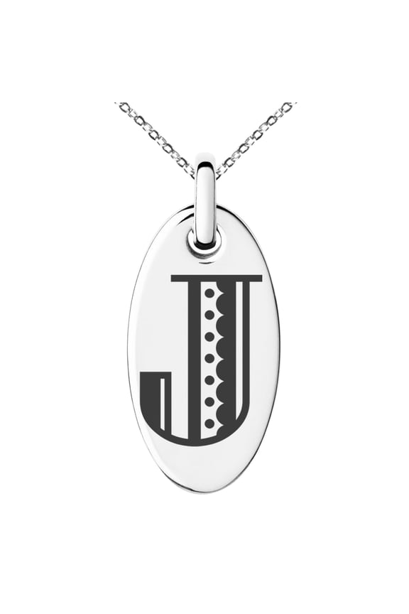 Stainless Steel Letter J Initial Metro Retro Monogram Engraved Small Oval Charm Pendant Necklace