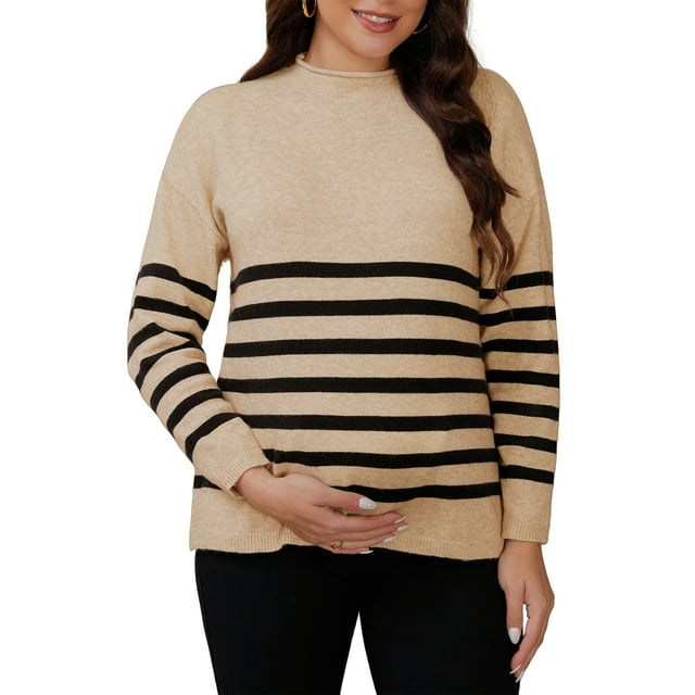 Suéteres de maternidad para mujeres, camisetas de manga larga, con abertura lateral, rayas, tejido acanalado, cuello simulado, pulóver para el embarazo, talla XL, marrón