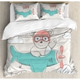 thumbnail image 1 of Adventure Nursery Queen Size Duvet Cover Set, Bear Flying in the Sky Among the Clouds on Biplane, Decorative 3 Piece Bedding Set with 2 Pillow Shams, Pale Mauve Seafoam and Salmon, by Ambesonne, 1 of 3