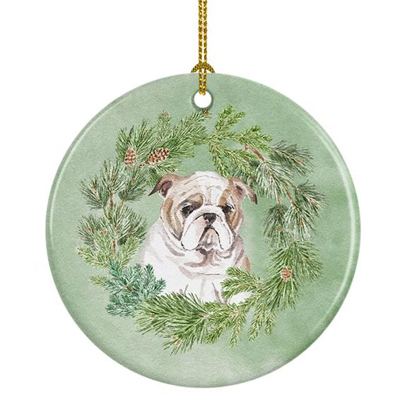 Bulldog Puppy Fawn Christmas Wreath Ceramic Ornament 2.8 in x 2.8 in