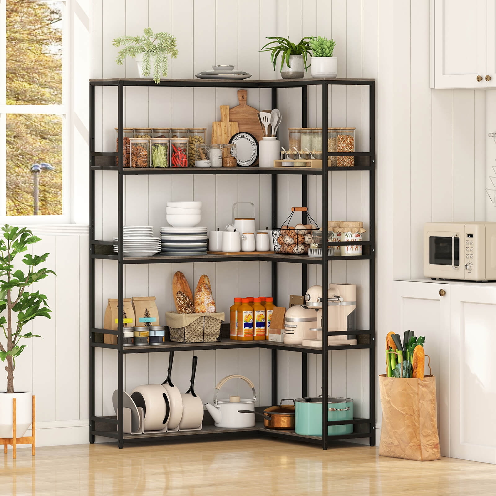 Costway 5-Tier L-Shaped Bookcase Corner Bookshelf with Metal Frame Open Display Shelf Gray