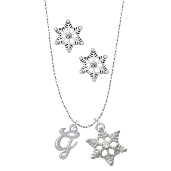 Delight Jewelry Silvertone Small Gelato Script Initial - G - Silver tone Snowflake Charm Necklace and Stud Earrings
