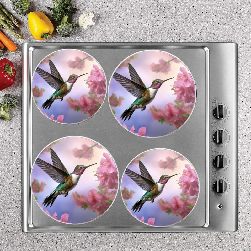 Bahomeck Electric Stove Burner Covers Set Of 4,Hummingbird Hovering Near Pink Azaleas Metal Gas Stove Burner Covers,Protecting Gas Stoves,8 Inch And 10 Inch